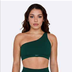 Set active ribbed one shoulder workout bra in forest green